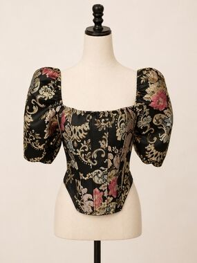 SHEIN Black Floral Brocade Puff-Sleeve Corset Top